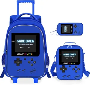 Kids Rolling Backpack for Boys - 3PCS Gamer Boys Rolling Backpack with Lunch Bag Set, Elementary Middle School Roller Bookbag with Adjustable Handle for Travel & School