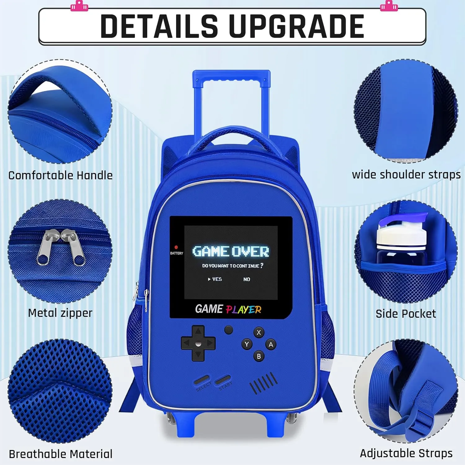 Kids Rolling Backpack for Boys - 3PCS Gamer Boys Rolling Backpack with Lunch Bag Set, Elementary Middle School Roller Bookbag with Adjustable Handle for Travel & School