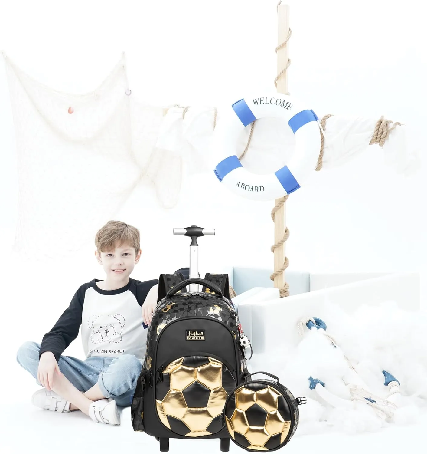 Kids Rolling Backpack Roller Backpack with Wheels Elementary Kindergarten School Students Football Trolley School Bag for School Boys