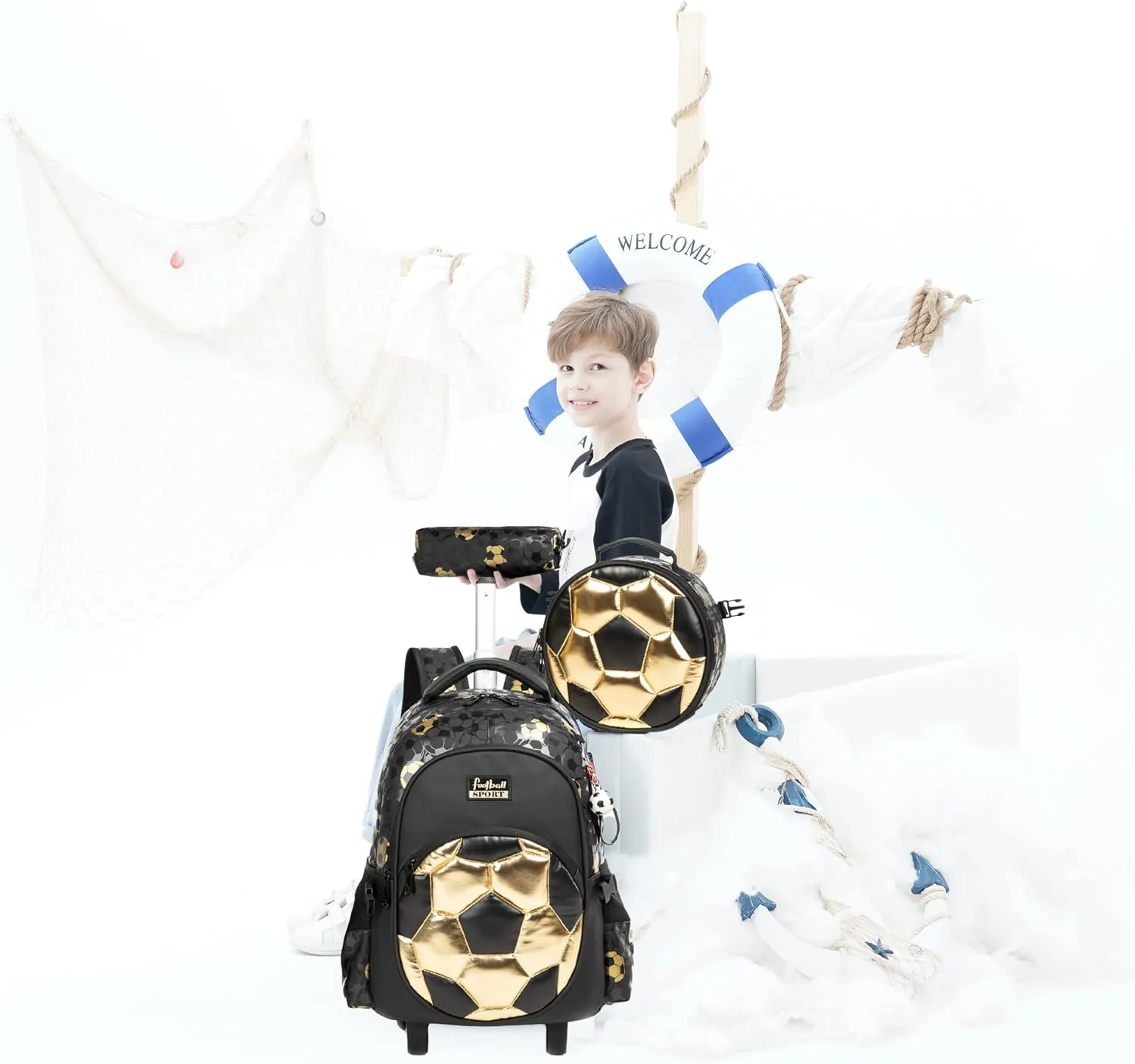 Kids Rolling Backpack Roller Backpack with Wheels Elementary Kindergarten School Students Football Trolley School Bag for School Boys