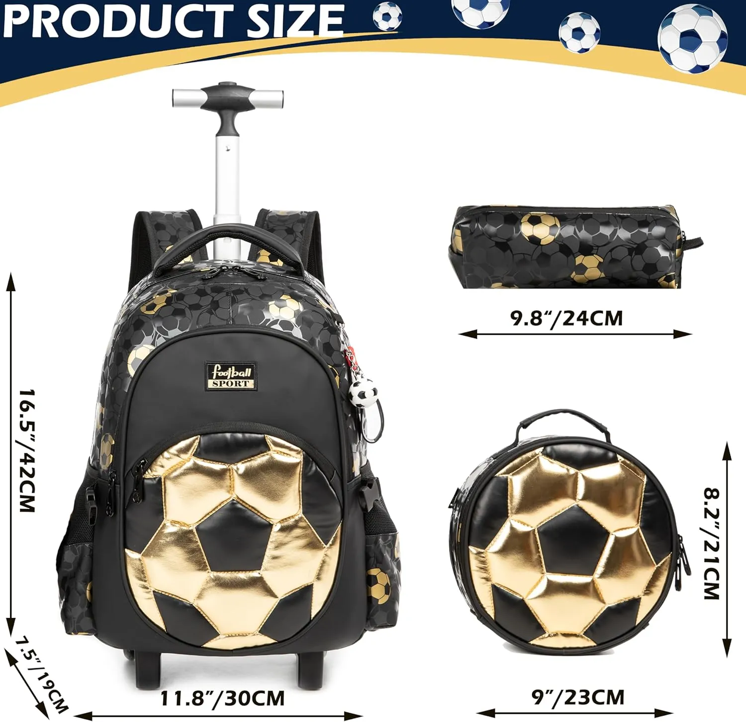 Kids Rolling Backpack Roller Backpack with Wheels Elementary Kindergarten School Students Football Trolley School Bag for School Boys