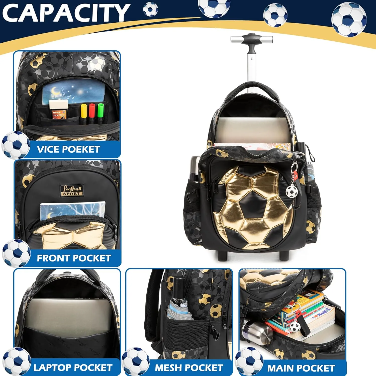 Kids Rolling Backpack Roller Backpack with Wheels Elementary Kindergarten School Students Football Trolley School Bag for School Boys