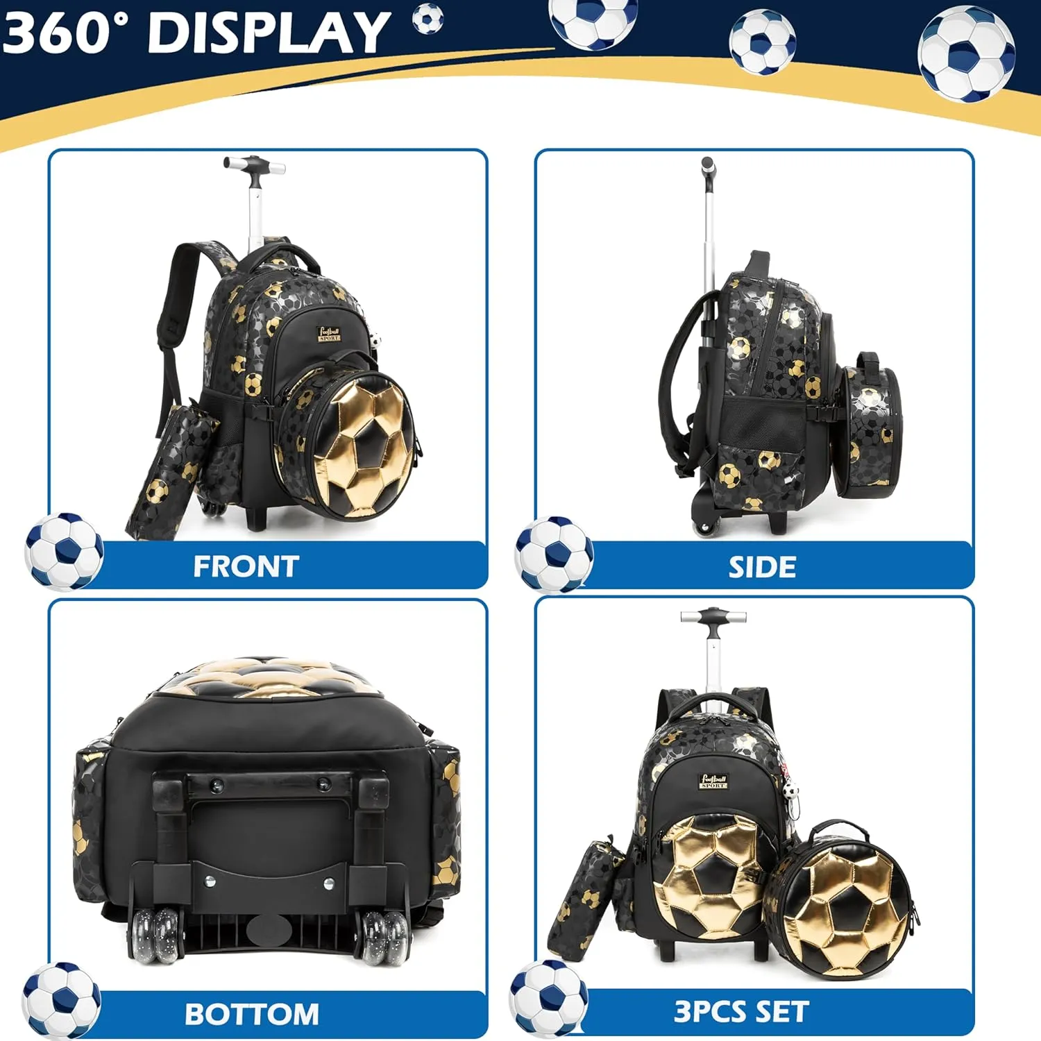 Kids Rolling Backpack Roller Backpack with Wheels Elementary Kindergarten School Students Football Trolley School Bag for School Boys