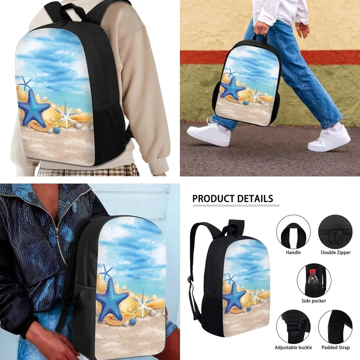 Kids School Backpack Blue Starfish Bookbag 3 Set Sturdy Bag with Shoulder Bag and Pencil Case Ocean Theme School Back Pack Lightweight Travel Backpacks for Students Teens Girls Boys