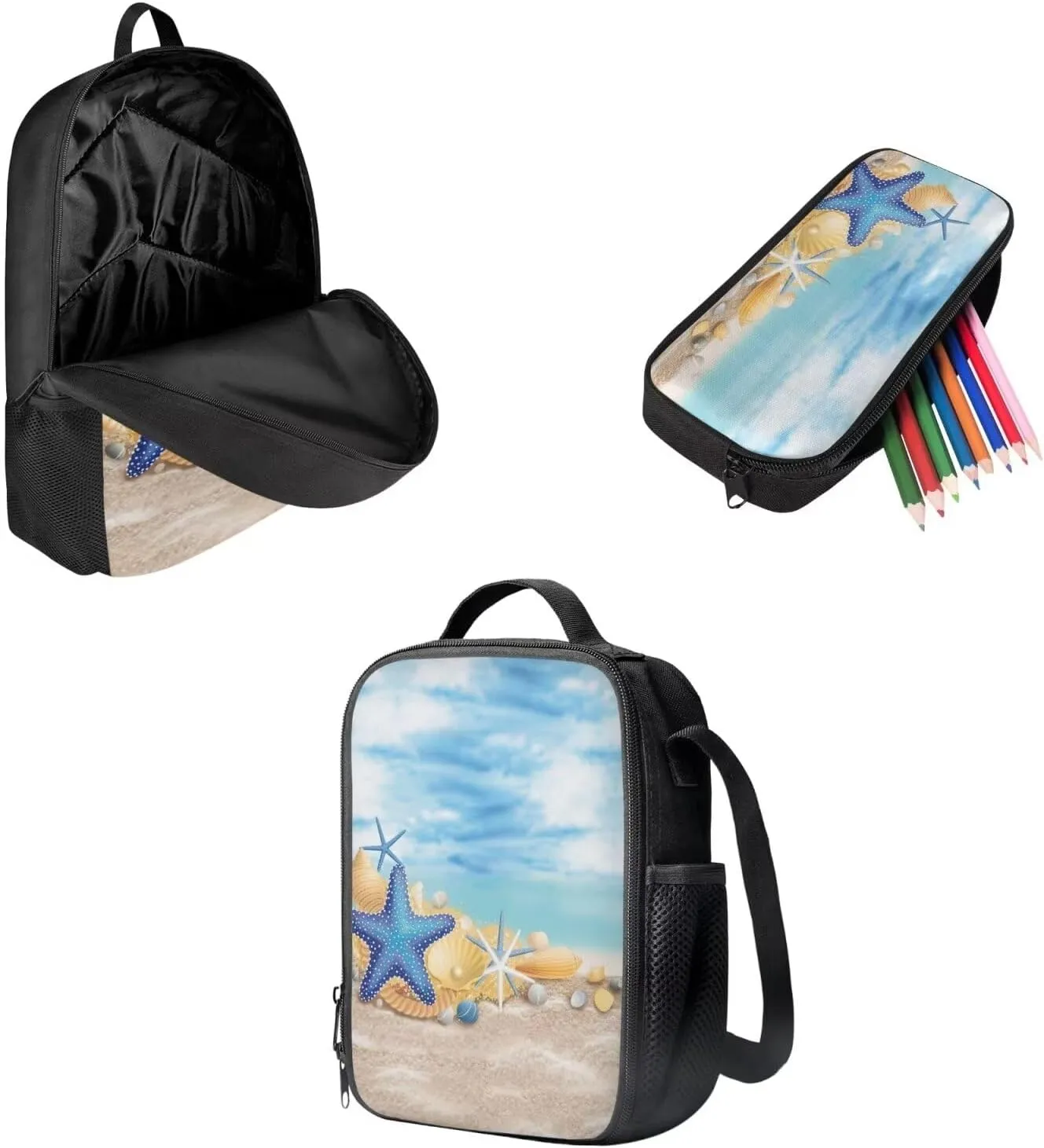 Kids School Backpack Blue Starfish Bookbag 3 Set Sturdy Bag with Shoulder Bag and Pencil Case Ocean Theme School Back Pack Lightweight Travel Backpacks for Students Teens Girls Boys