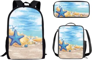 Kids School Backpack Blue Starfish Bookbag 3 Set Sturdy Bag with Shoulder Bag and Pencil Case Ocean Theme School Back Pack Lightweight Travel Backpacks for Students Teens Girls Boys