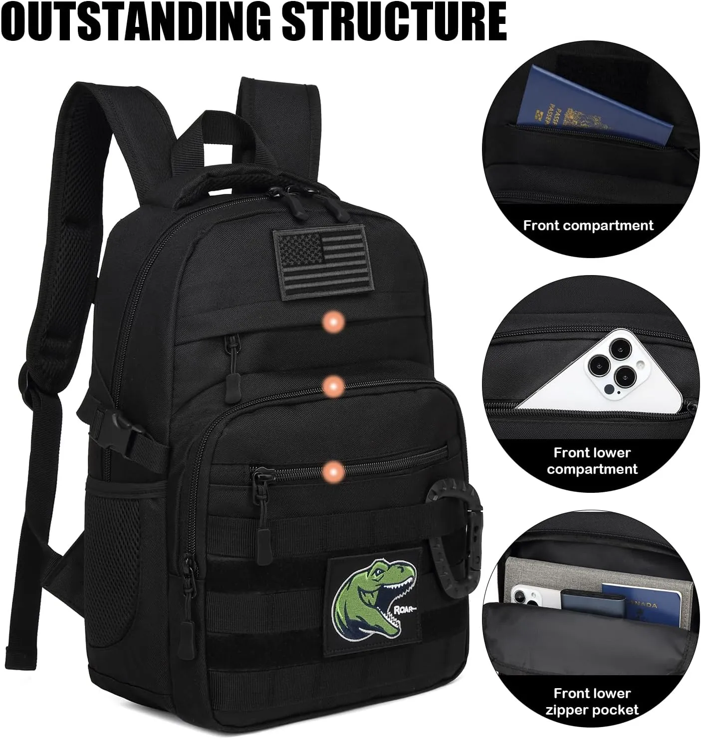 Kids Tactical Backpack Army Molle Bookbag Military Boys Backpack for School, Outdoor, Camping (Includes 2 Patches  1 Carabiner), Black