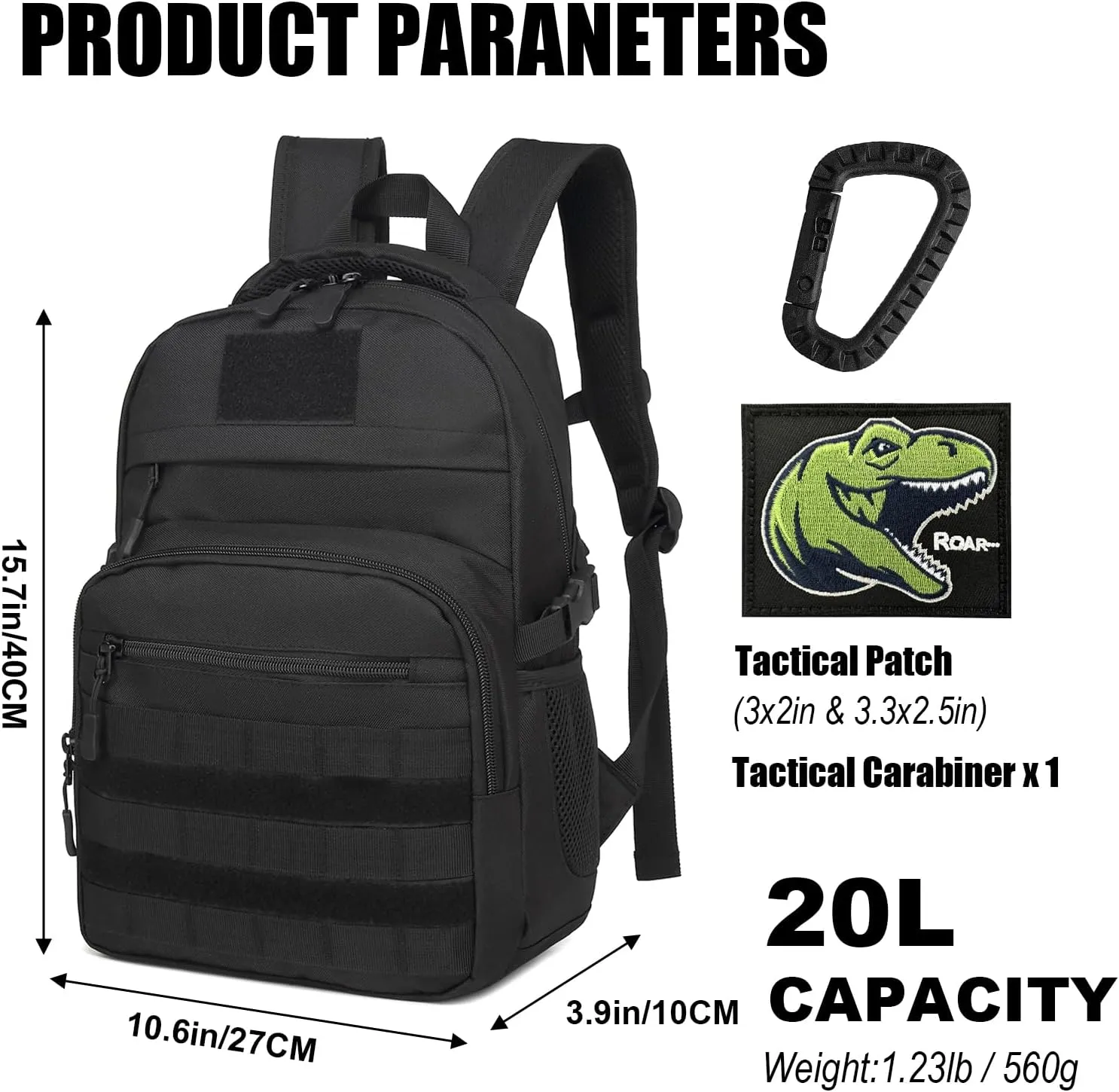 Kids Tactical Backpack Army Molle Bookbag Military Boys Backpack for School, Outdoor, Camping (Includes 2 Patches  1 Carabiner), Black