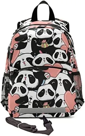 Kid's Toddler Backpack Cute Panda Face Schoolbag Safety Leash for Boys Girls,Pink Heart Kindergarten Children Bag Preschool Nursery Travel Bag Chest Clip Reflective Stripe