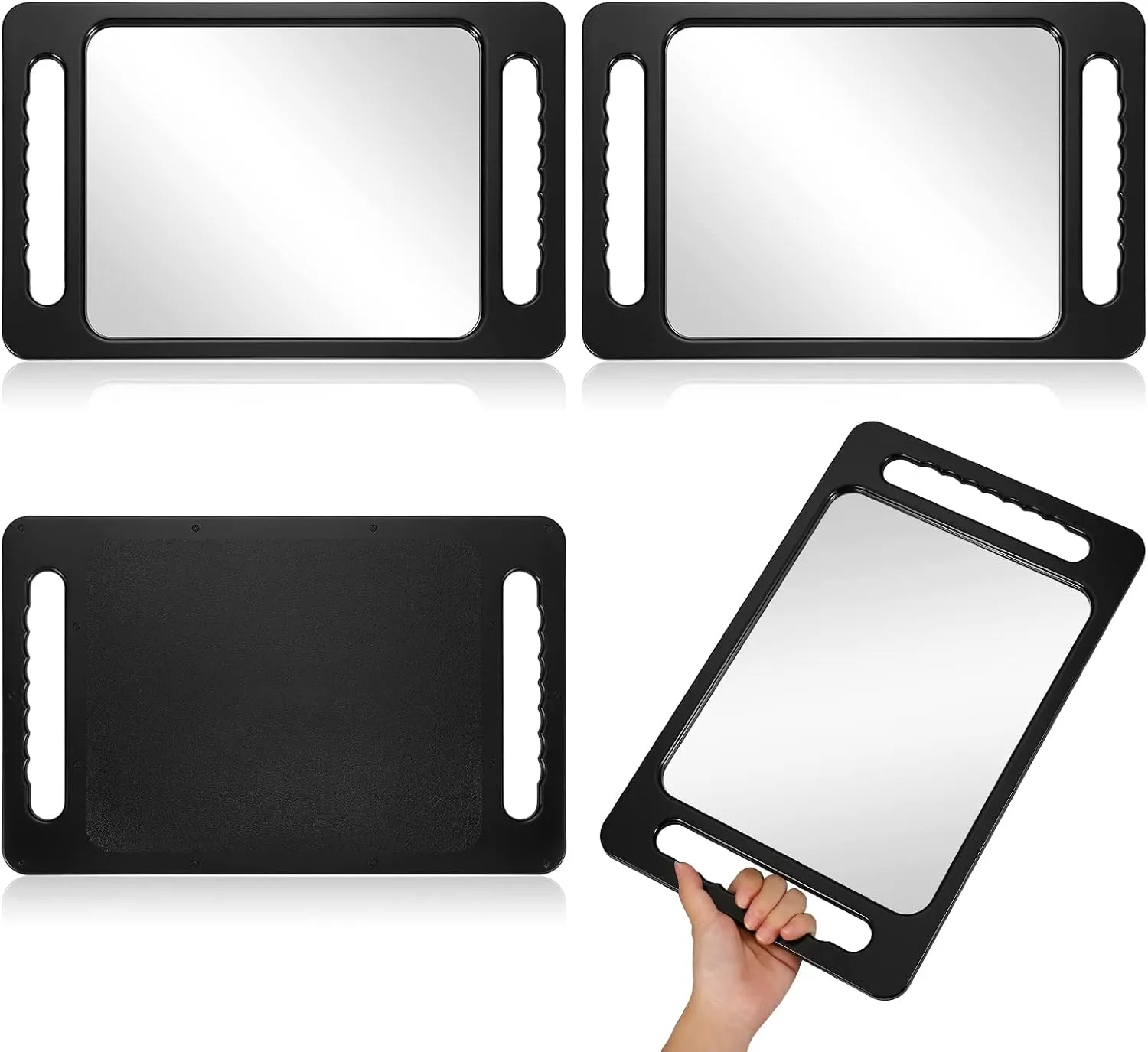 Kigley 2 Pcs Large Hand Mirror with Double Handle Barber Mirror Unbreakable Rectangular Hand Held Hair Salon Equipment Hairstylist and Barber Accessories, Black, 15.75 x 9.84 Inches/ 40 x 25 cm
