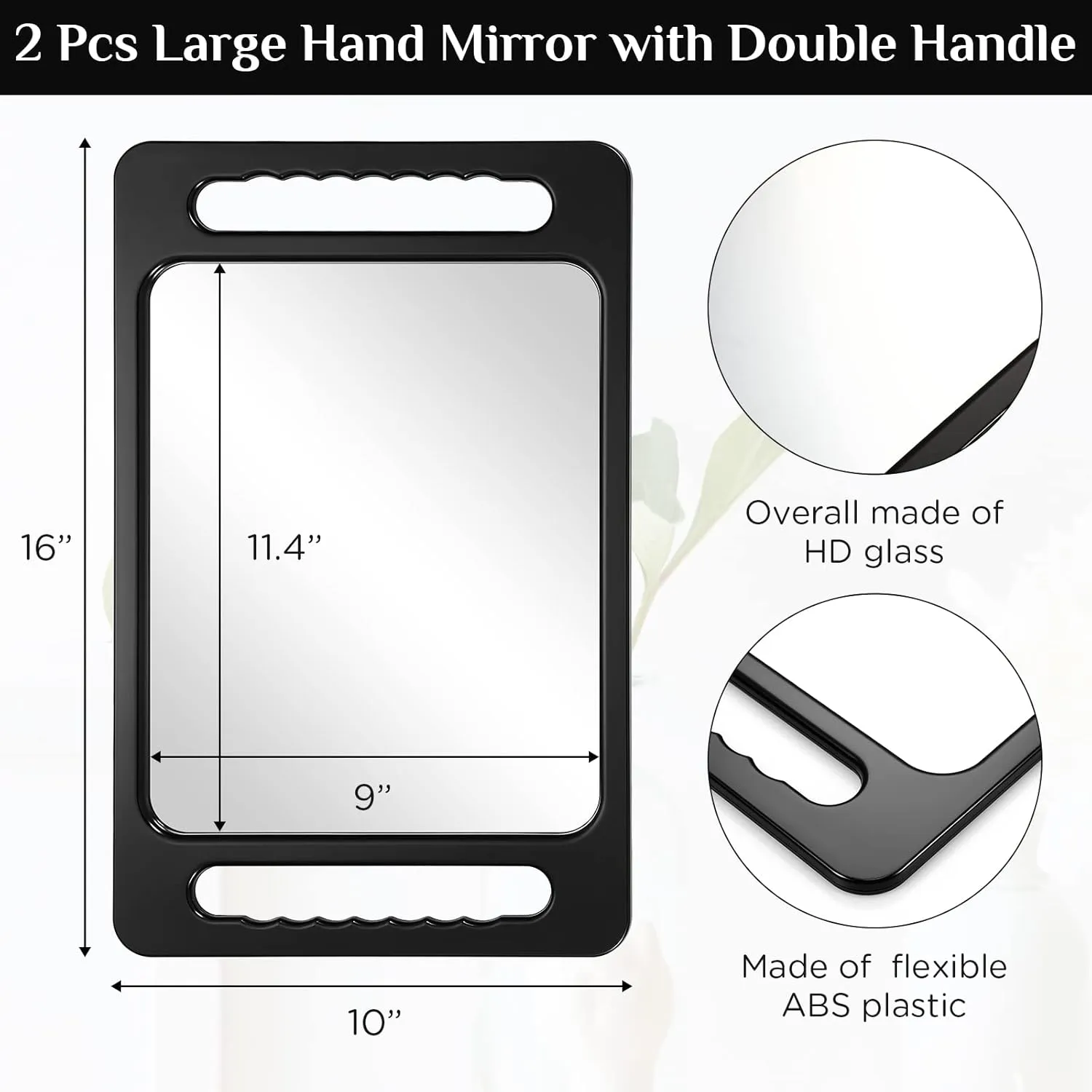 Kigley 2 Pcs Large Hand Mirror with Double Handle Barber Mirror Unbreakable Rectangular Hand Held Hair Salon Equipment Hairstylist and Barber Accessories, Black, 15.75 x 9.84 Inches/ 40 x 25 cm