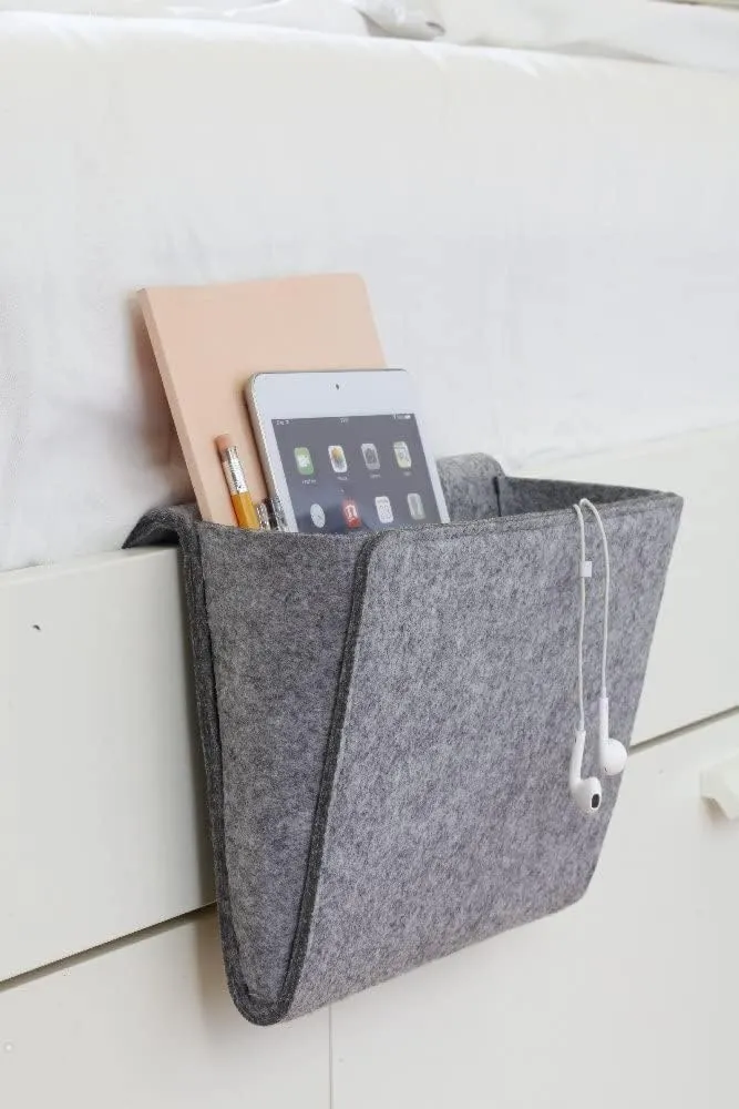 Kikkerland Large Grey Felt Pocket Caddy for Storage with Inner Pockets – Organization Essentials for Bed, Couch, Home – Holder for Magazines, Books, Phones, and Remote Controls