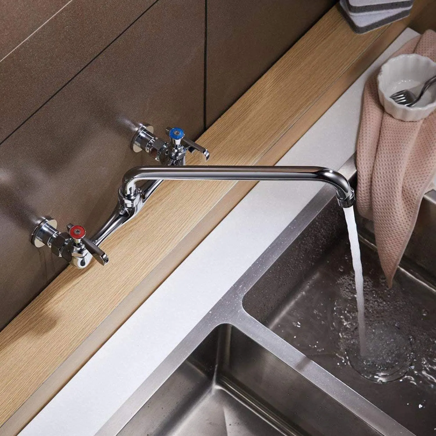 Kitchen Faucet Wall Mount Commercial Sink Faucet Kitchen Utility Laundry 8“ Swivel Spout 2 Dual Handle Restaurant Chrome Mixer Tap