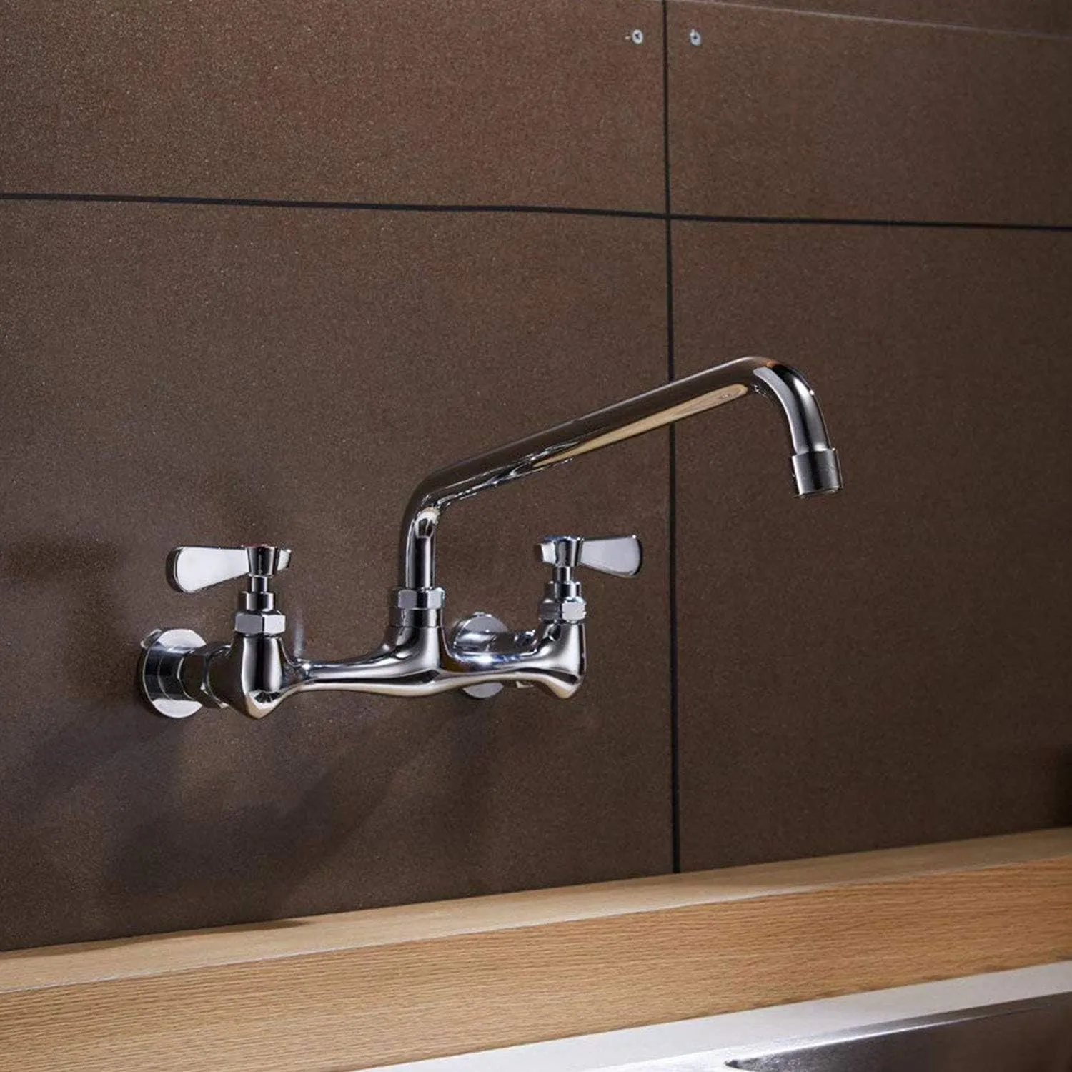 Kitchen Faucet Wall Mount Commercial Sink Faucet Kitchen Utility Laundry 8“ Swivel Spout 2 Dual Handle Restaurant Chrome Mixer Tap
