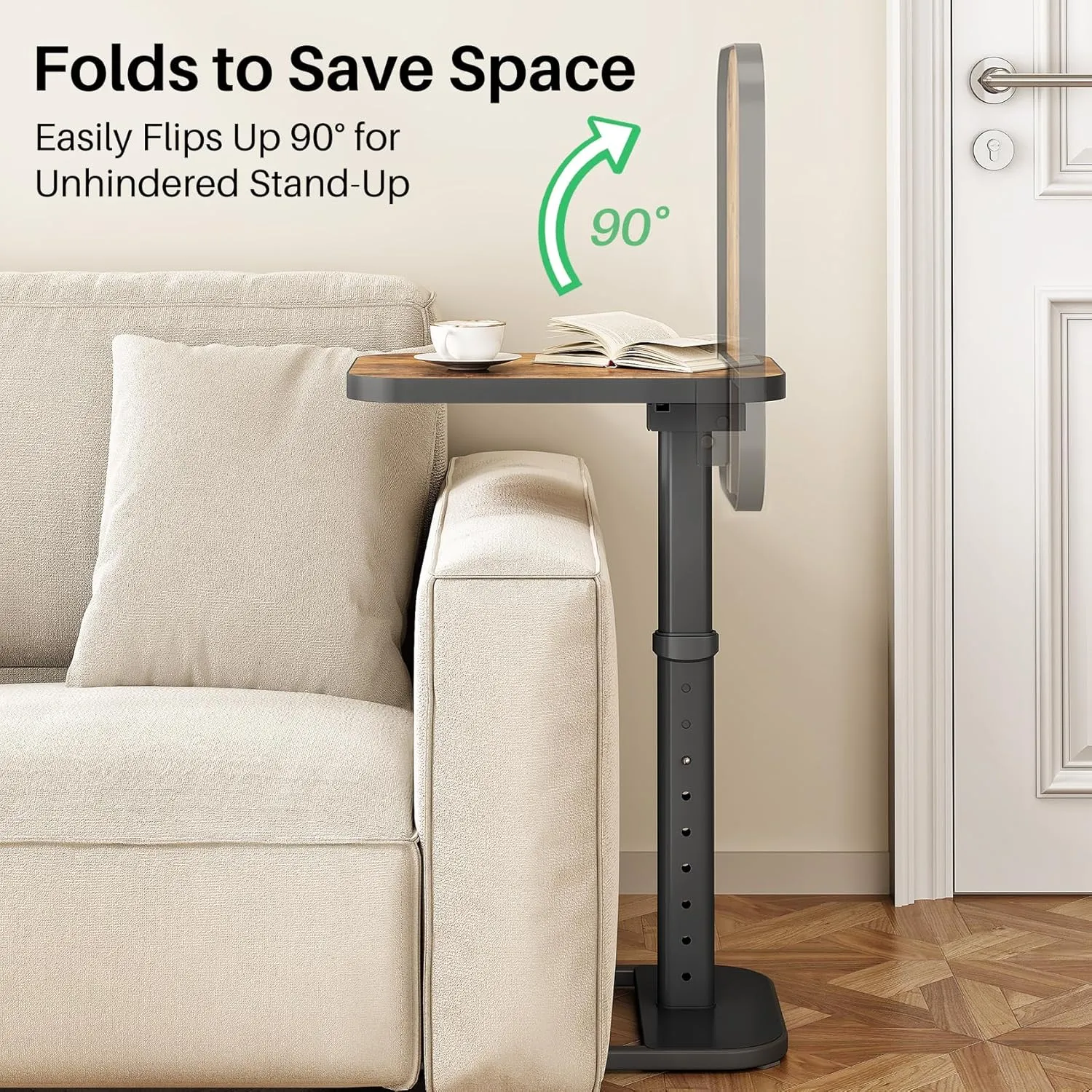 Kitstorack TV Tray Table, Adjustable Height & 90° Flip-Over Panel Design, Sofa Arm End Side Table for Eating Laptop Couch Bed Dinner or Small Spaces
