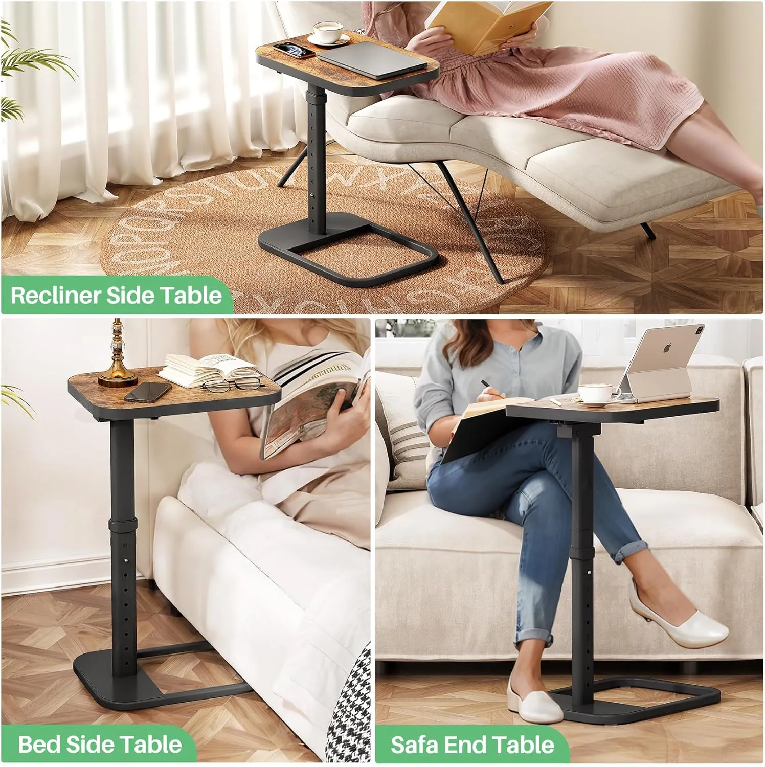 Kitstorack TV Tray Table, Adjustable Height & 90° Flip-Over Panel Design, Sofa Arm End Side Table for Eating Laptop Couch Bed Dinner or Small Spaces