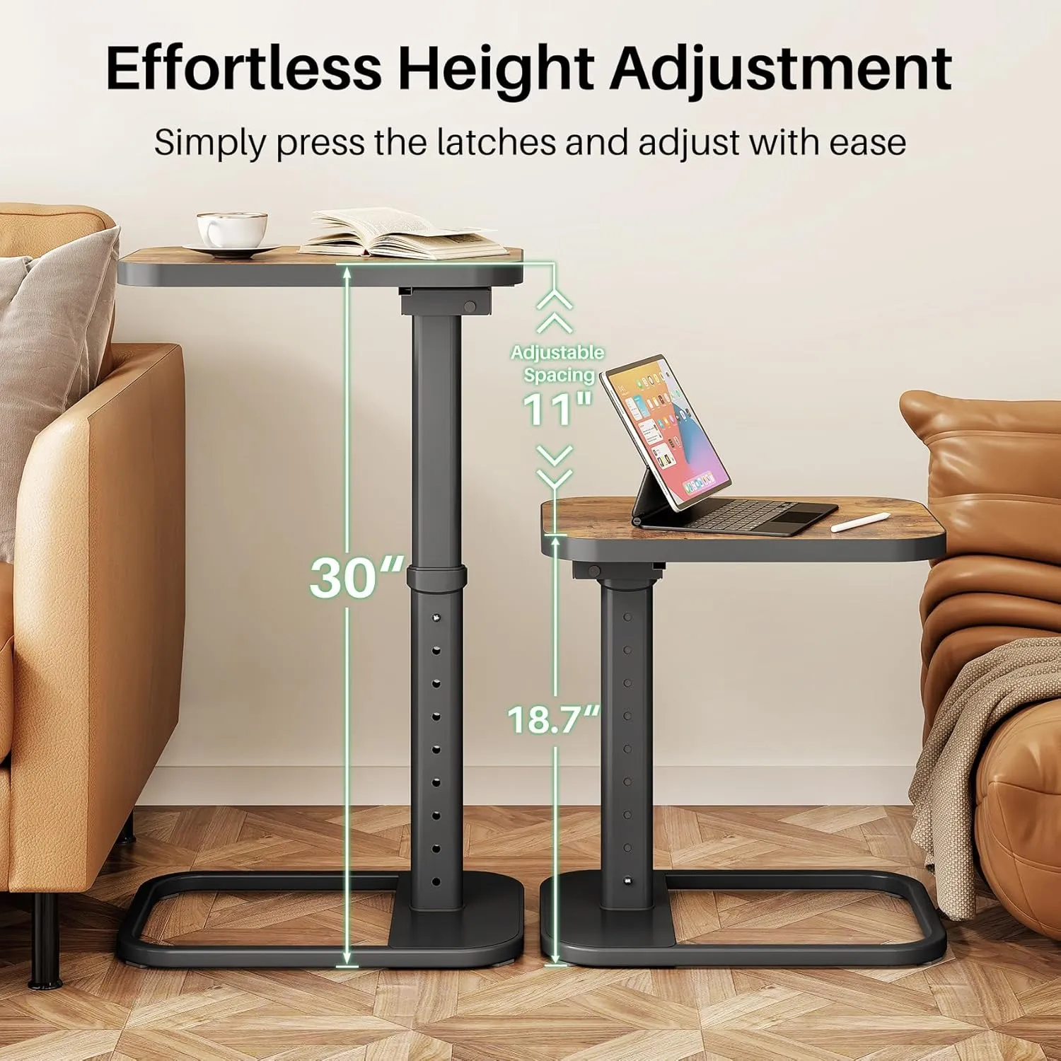 Kitstorack TV Tray Table, Adjustable Height & 90° Flip-Over Panel Design, Sofa Arm End Side Table for Eating Laptop Couch Bed Dinner or Small Spaces