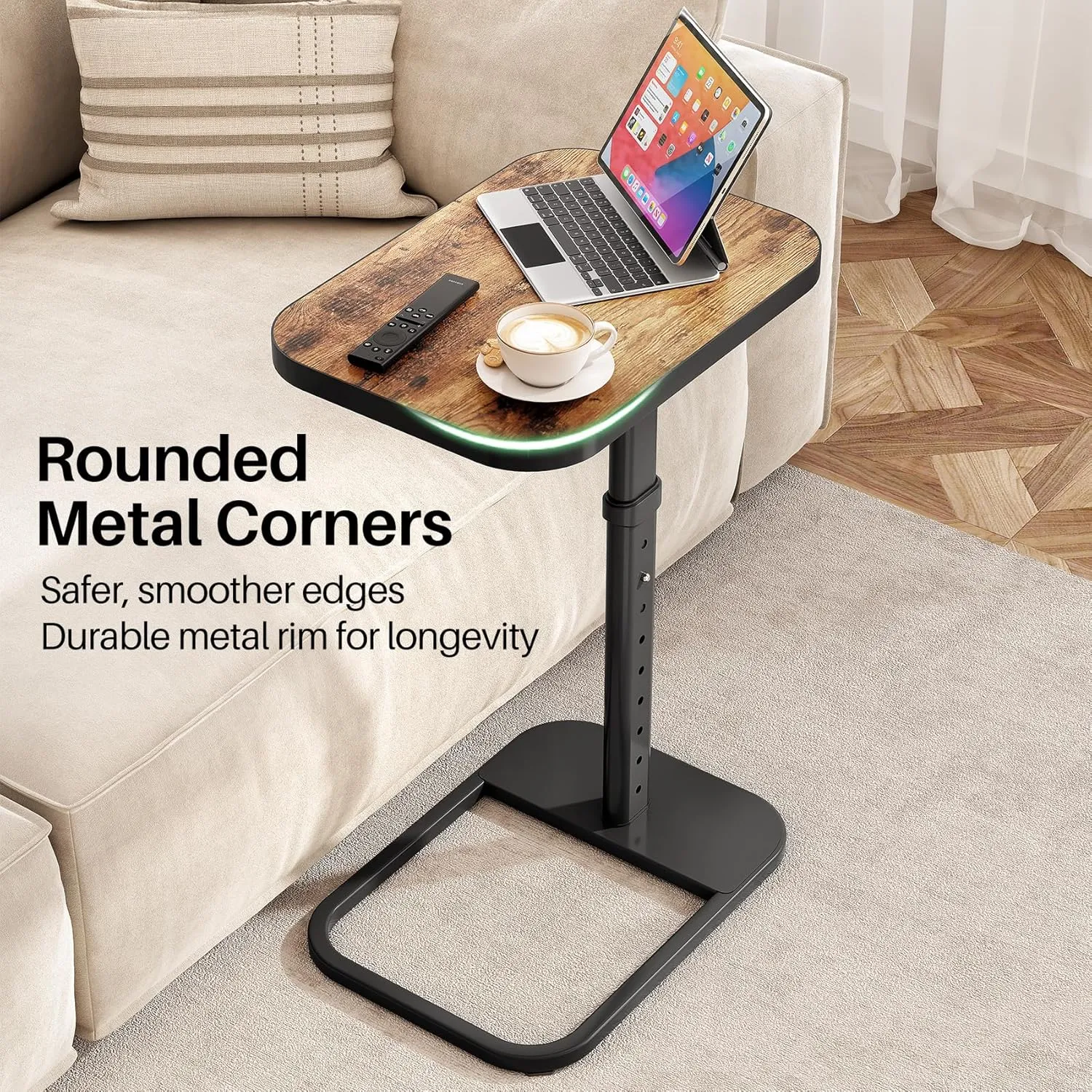 Kitstorack TV Tray Table, Adjustable Height & 90° Flip-Over Panel Design, Sofa Arm End Side Table for Eating Laptop Couch Bed Dinner or Small Spaces