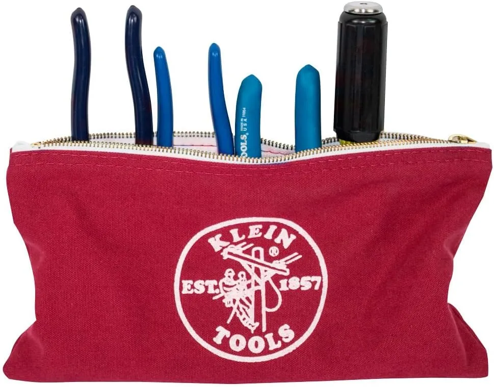 Klein Tools 5141 Zipper Tool Bag, Tool Pouch, Bank Deposit Canvas Utility Bag, 12.5 x 7-Inch, Brown/Black/Gray/Red 4-Pack
