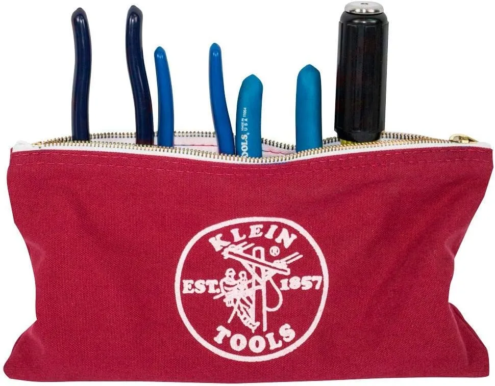 Klein Tools 5141 Zipper Tool Bag, Tool Pouch, Bank Deposit Canvas Utility Bag, 12.5 x 7-Inch, Brown/Black/Gray/Red 4-Pack