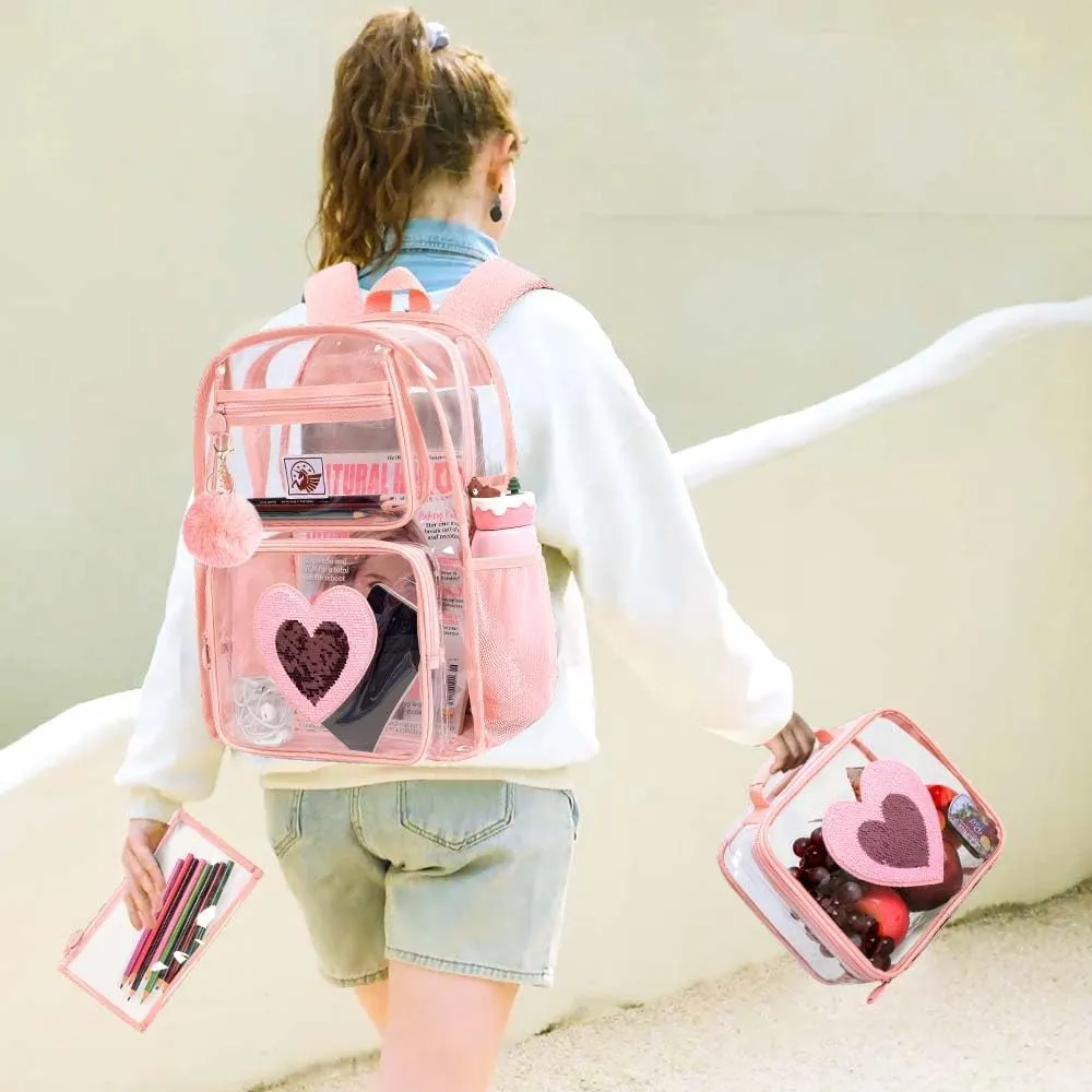 KLFVB Clear Backpack, Heavy Duty Transparent Bookbag, See Through Sequin Backpacks