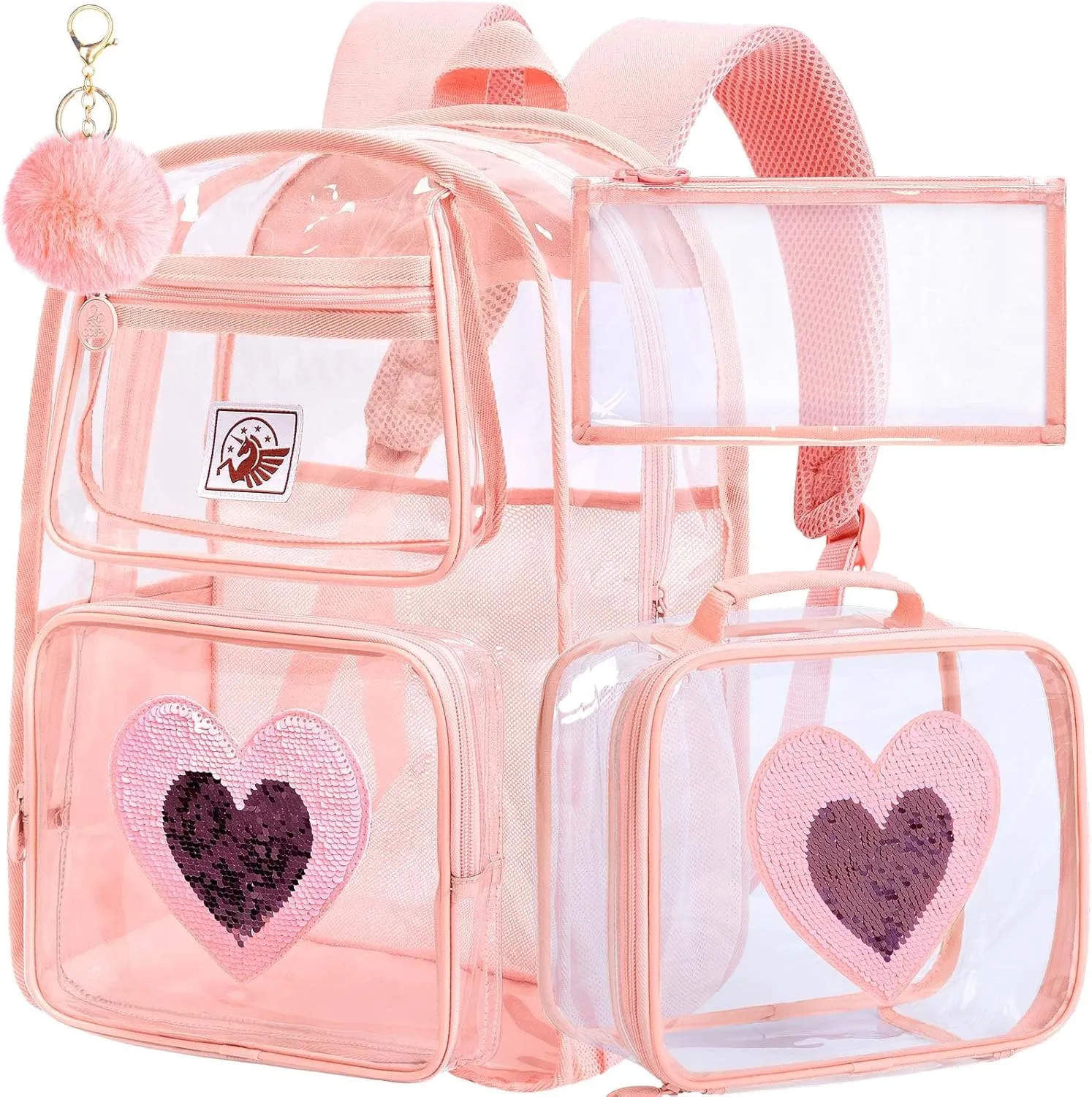 KLFVB Clear Backpack, Heavy Duty Transparent Bookbag, See Through Sequin Backpacks