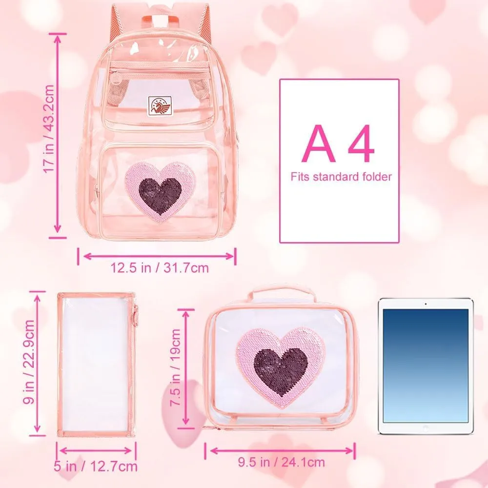 KLFVB Clear Backpack, Heavy Duty Transparent Bookbag, See Through Sequin Backpacks