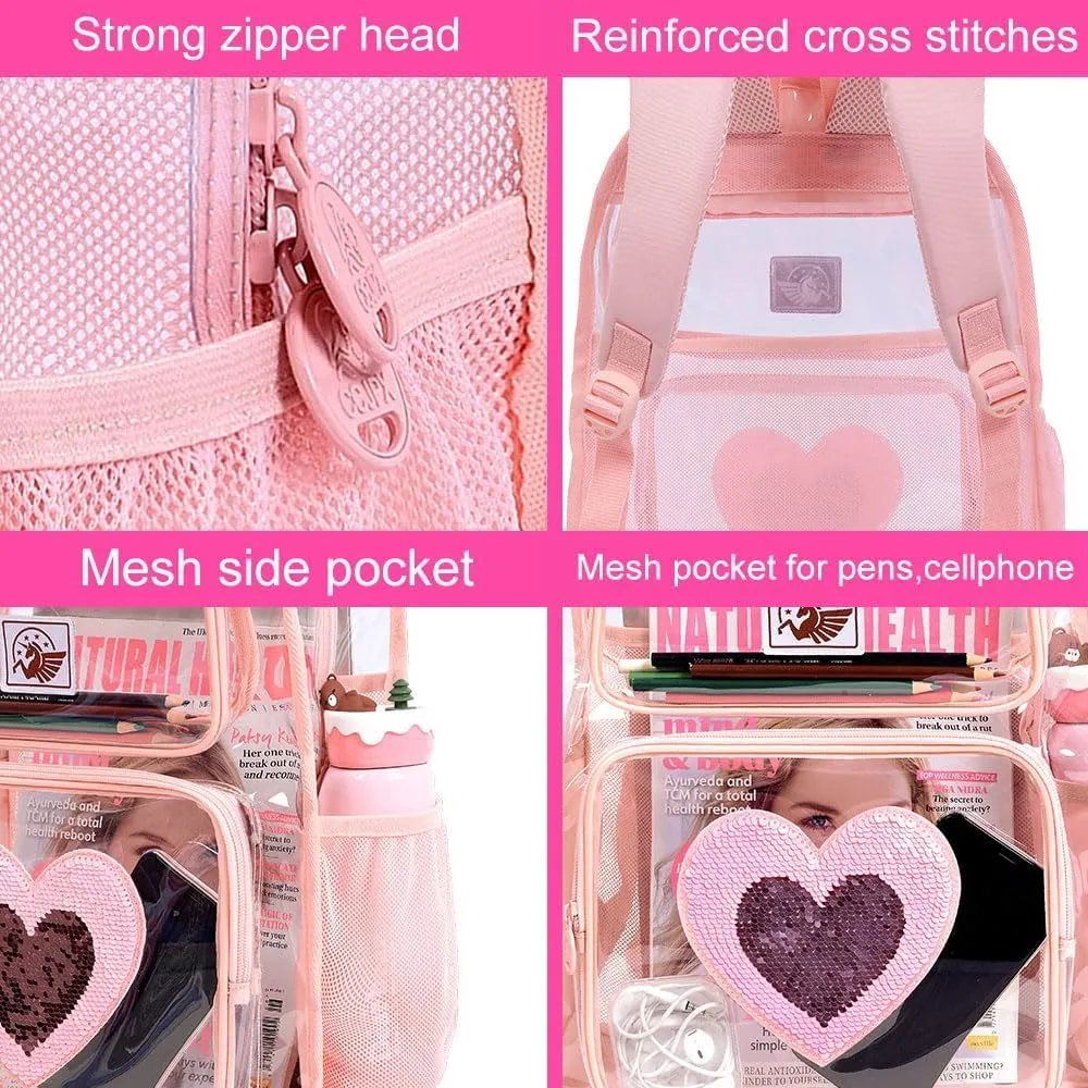 KLFVB Clear Backpack, Heavy Duty Transparent Bookbag, See Through Sequin Backpacks