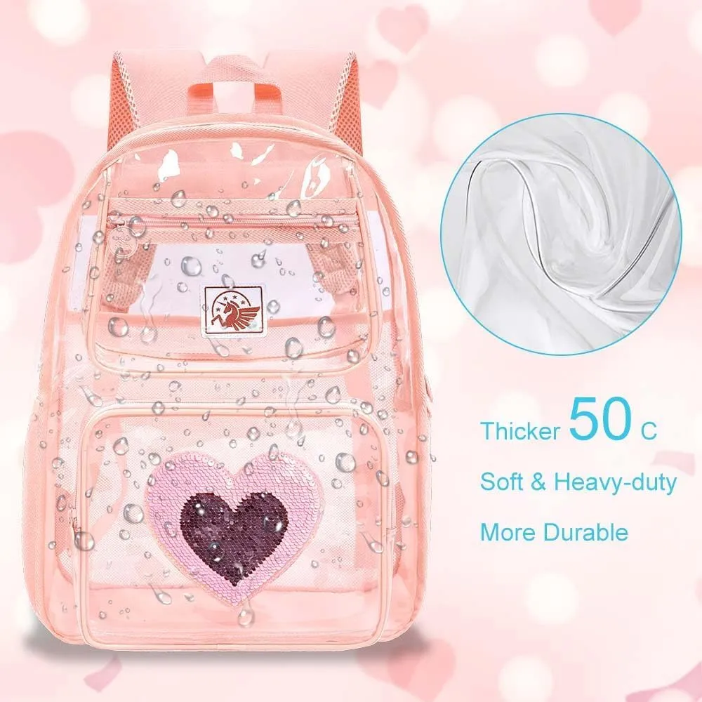 KLFVB Clear Backpack, Heavy Duty Transparent Bookbag, See Through Sequin Backpacks
