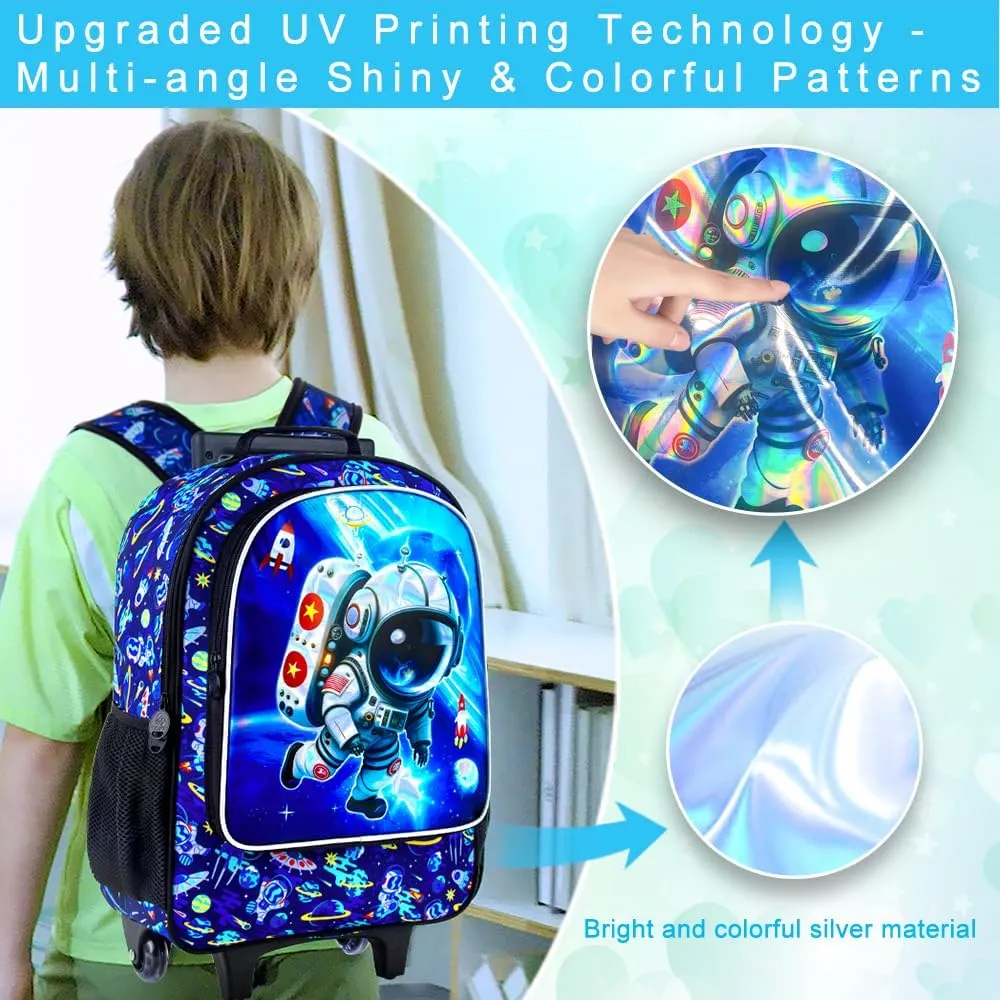 KLFVB Rolling Backpack for Girls Boys, Kids Roller Wheels School Bookbag with Lunch Bag, Wheeled School Bag for Children