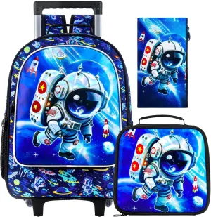 KLFVB Rolling Backpack for Girls Boys, Kids Roller Wheels School Bookbag with Lunch Bag, Wheeled School Bag for Children