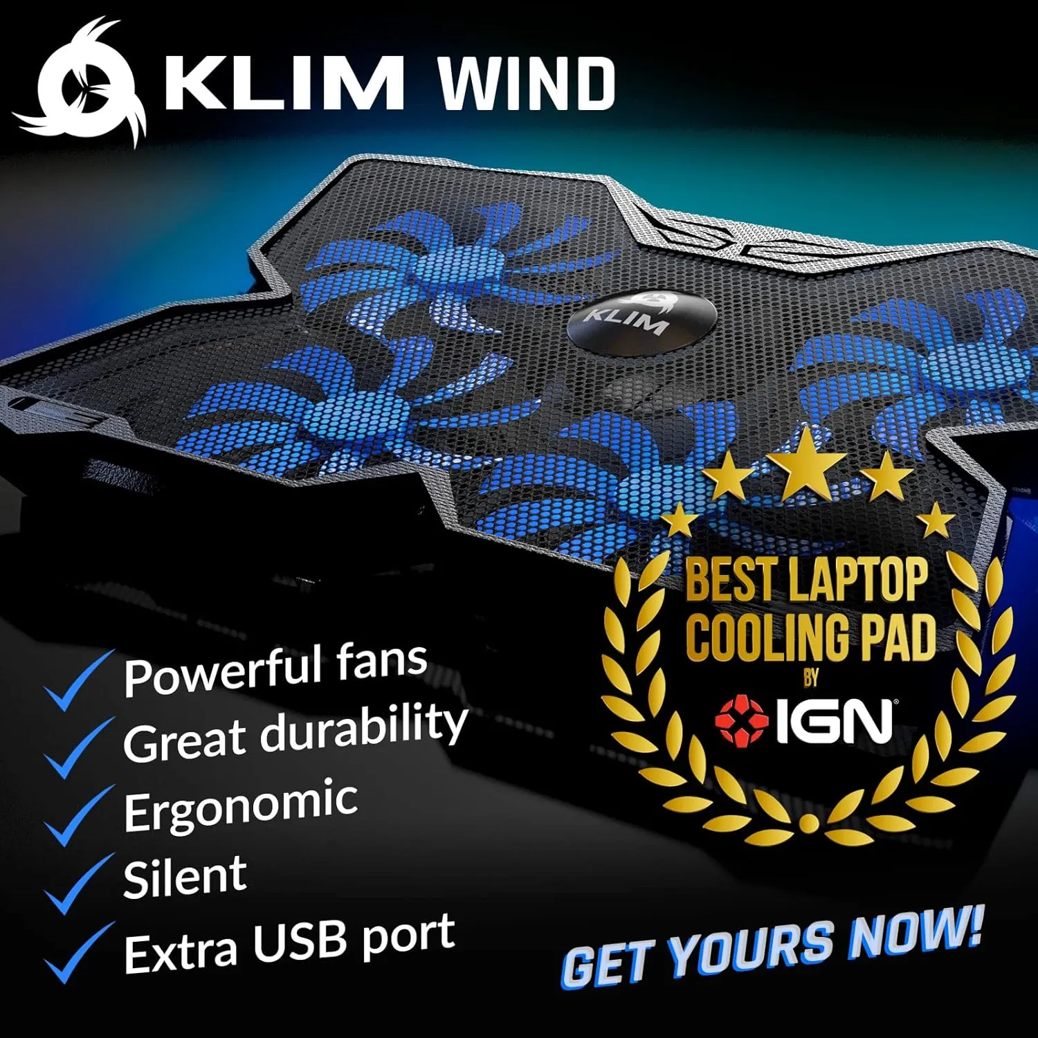 KLIM Wind - Laptop Cooling Pad - The Most Powerful Rapid Action Cooling Fan - Laptop Stand with 4 Cooling Fans at 1200 RPM - USB Fan - Compatible with PS5 and PS4 - New 2022 Version - Blue