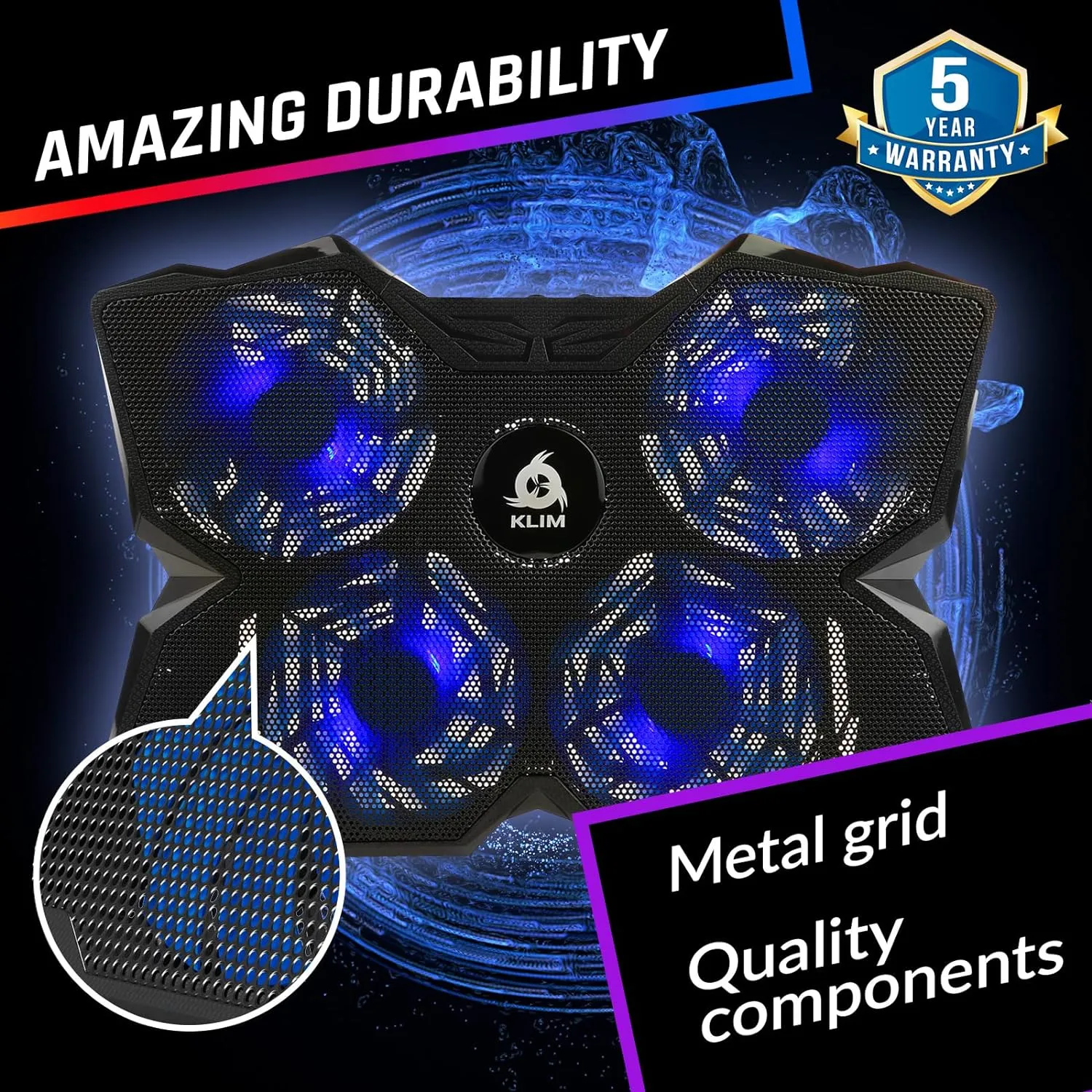 KLIM Wind - Laptop Cooling Pad - The Most Powerful Rapid Action Cooling Fan - Laptop Stand with 4 Cooling Fans at 1200 RPM - USB Fan - Compatible with PS5 and PS4 - New 2022 Version - Blue