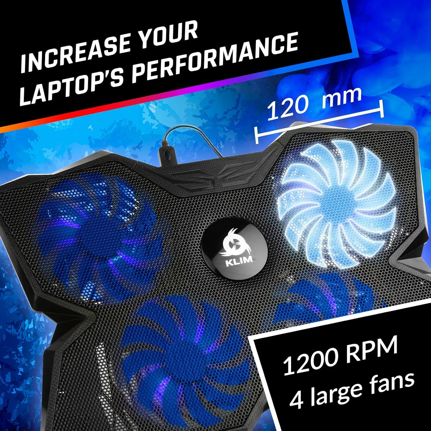 KLIM Wind - Laptop Cooling Pad - The Most Powerful Rapid Action Cooling Fan - Laptop Stand with 4 Cooling Fans at 1200 RPM - USB Fan - Compatible with PS5 and PS4 - New 2022 Version - Blue
