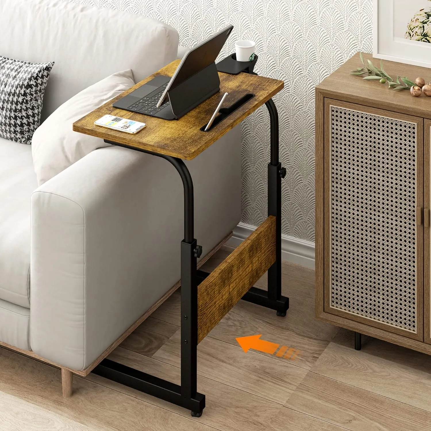 Klvied Standing Desk Adjustable Height, Stand Up Desk with Cup Holder, Portable and Easy to Move Bedside Table, Ideal for Home or Office, Black，Walnut