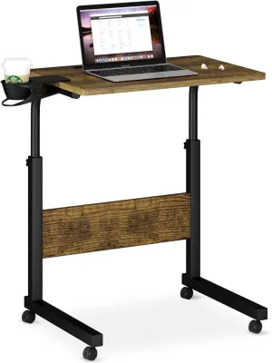 Klvied Standing Desk Adjustable Height, Stand Up Desk with Cup Holder, Portable and Easy to Move Bedside Table, Ideal for Home or Office, Black，Walnut