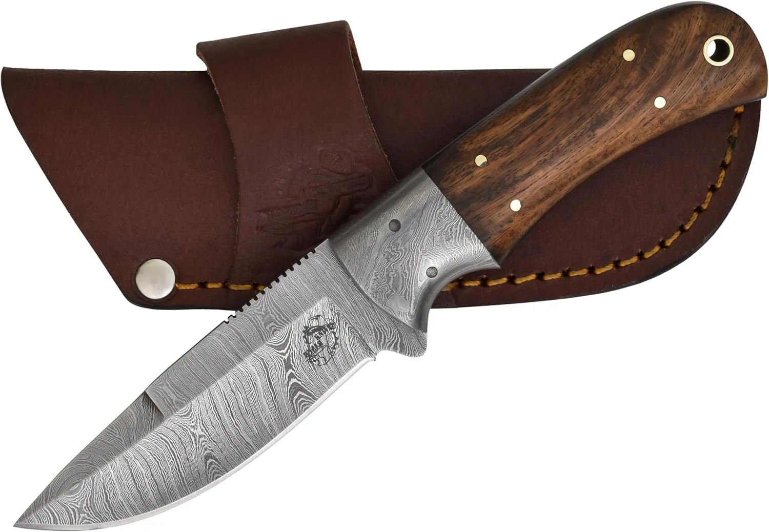 Knives Ranch Handmade Damascus Steel Hunting Full Tang Utility Knife with Indian Rosewood Handle and Heavy-Duty Cow Leather Horizontal Cowboy Style Sheath (2142-IRW)