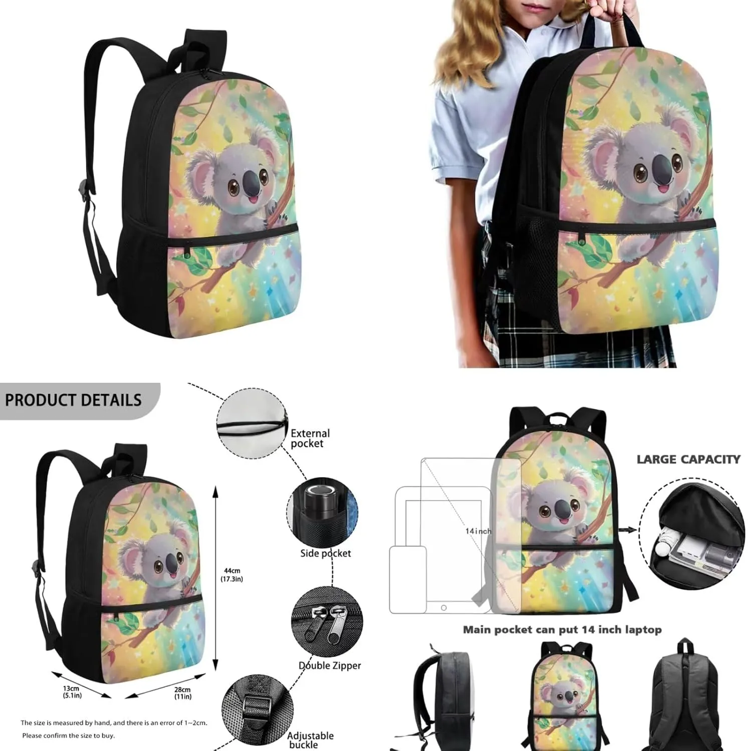 Koala Backpack for School Girls 4th Grade Cute Bookbags for Girls with Lunchbox Pencil Case Bottle Pocket Large Capacity Casual Daypack Backpacks for Elementary School Shoulder Bags