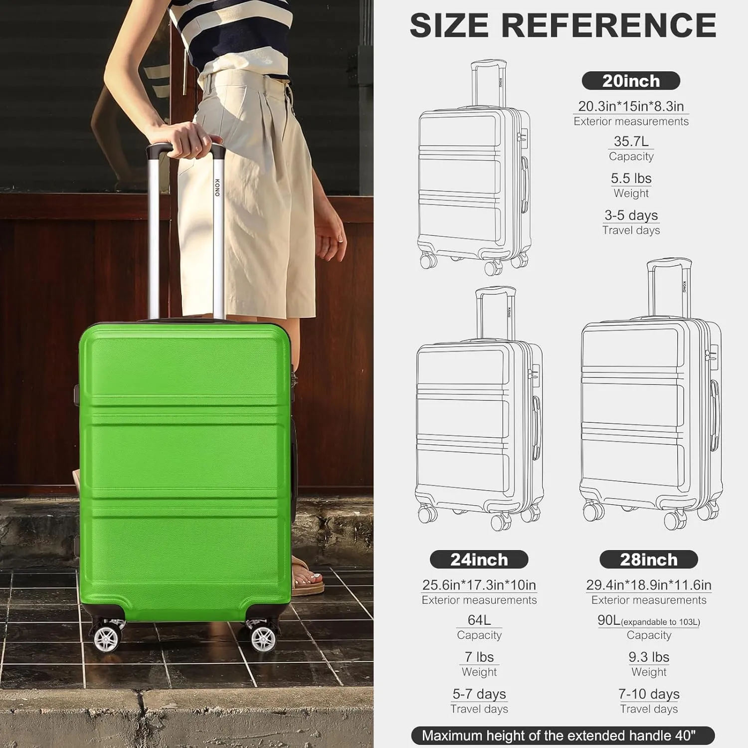 Kono 20'' Carry on Luggage Lightweight with Spinner Wheel TSA Lock Hardside Luggage Airline Approved Carry on Suitcase Apple Green