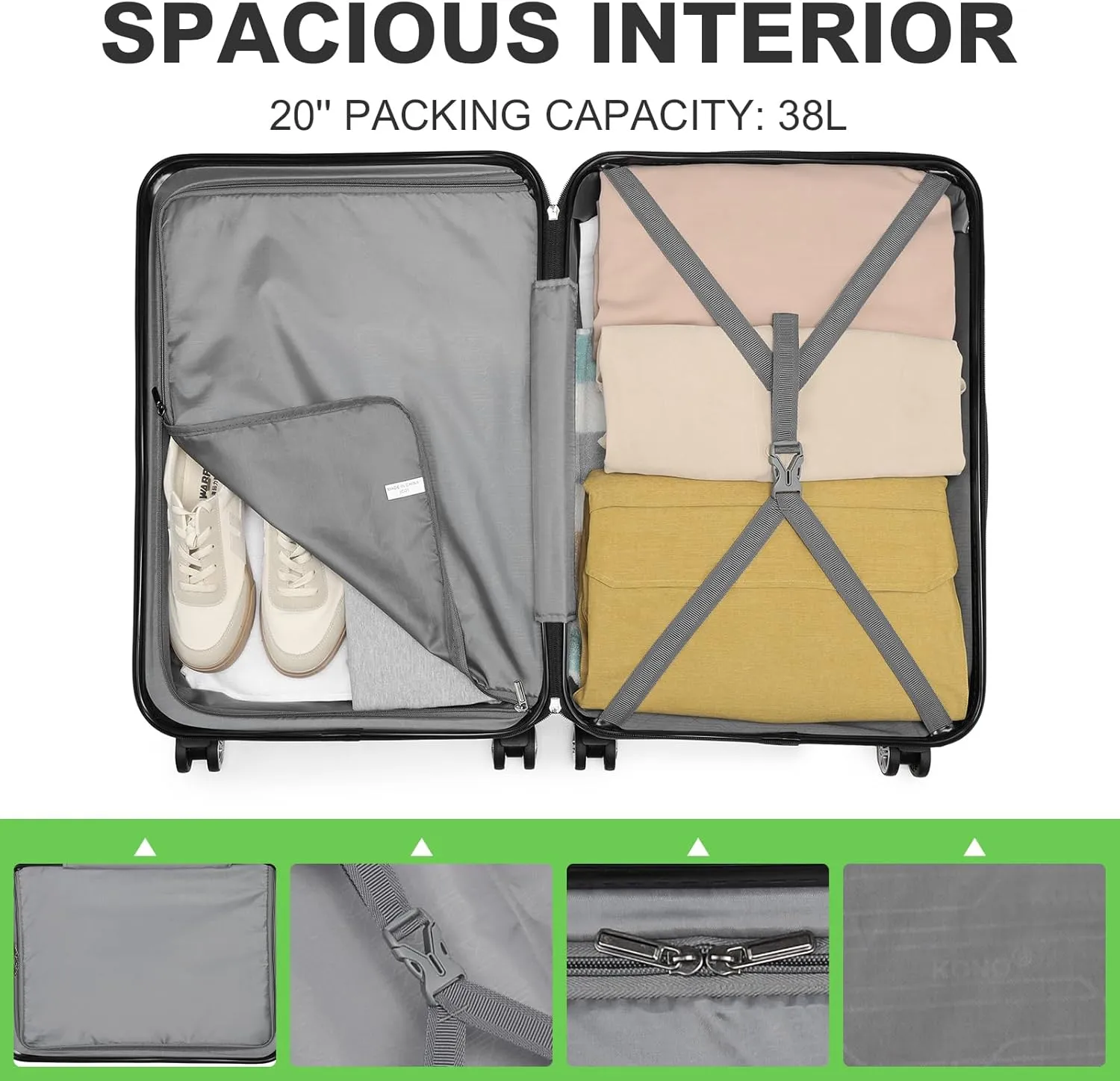 Kono 20'' Carry on Luggage Lightweight with Spinner Wheel TSA Lock Hardside Luggage Airline Approved Carry on Suitcase Apple Green