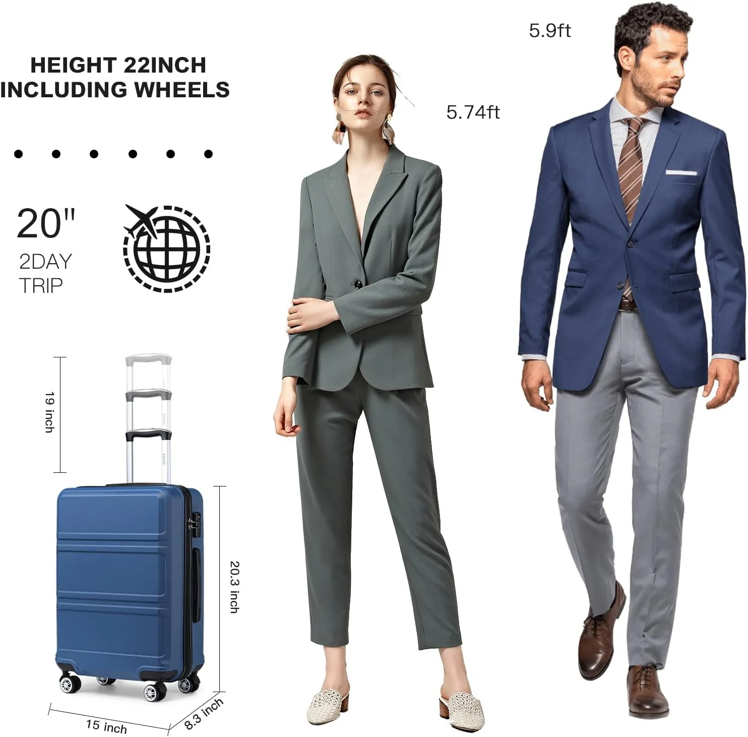 Kono 20'' Carry on Luggage Lightweight with Spinner Wheel TSA Lock Hardside Luggage Airline Approved Carry on Suitcase Navy
