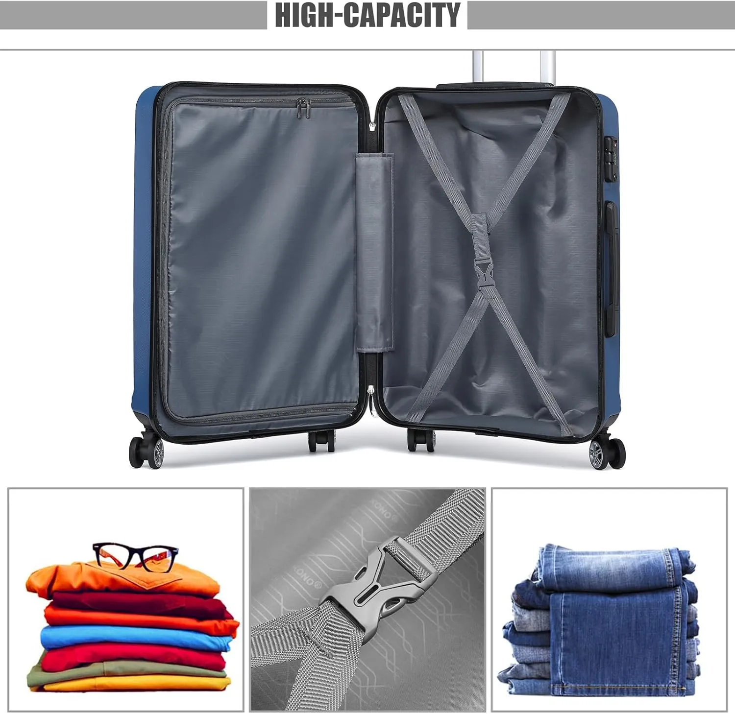 Kono 20'' Carry on Luggage Lightweight with Spinner Wheel TSA Lock Hardside Luggage Airline Approved Carry on Suitcase Navy