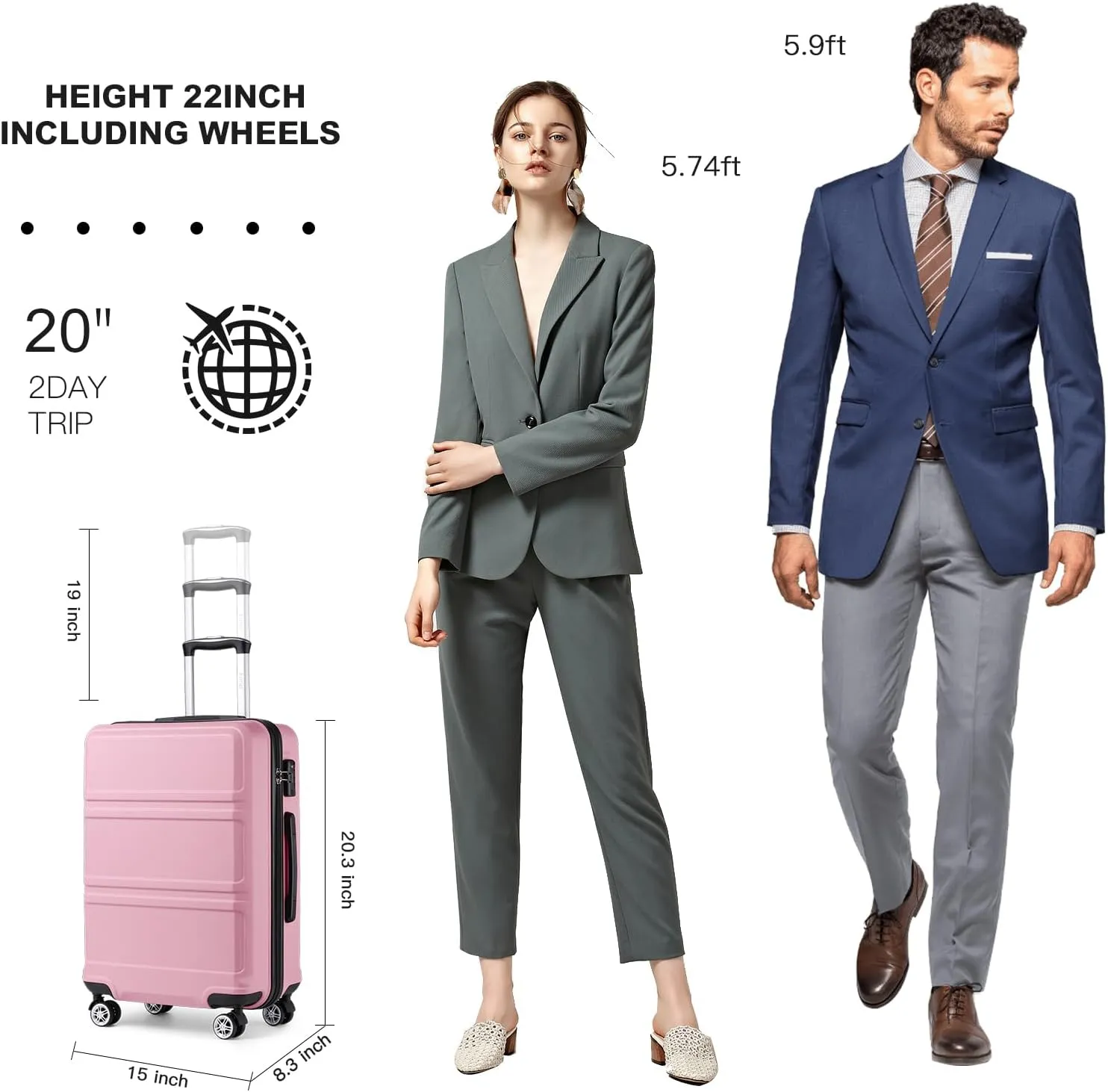 Kono 20'' Carry on Luggage Lightweight with Spinner Wheel TSA Lock Hardside Luggage Airline Approved Carry on Suitcase Pink