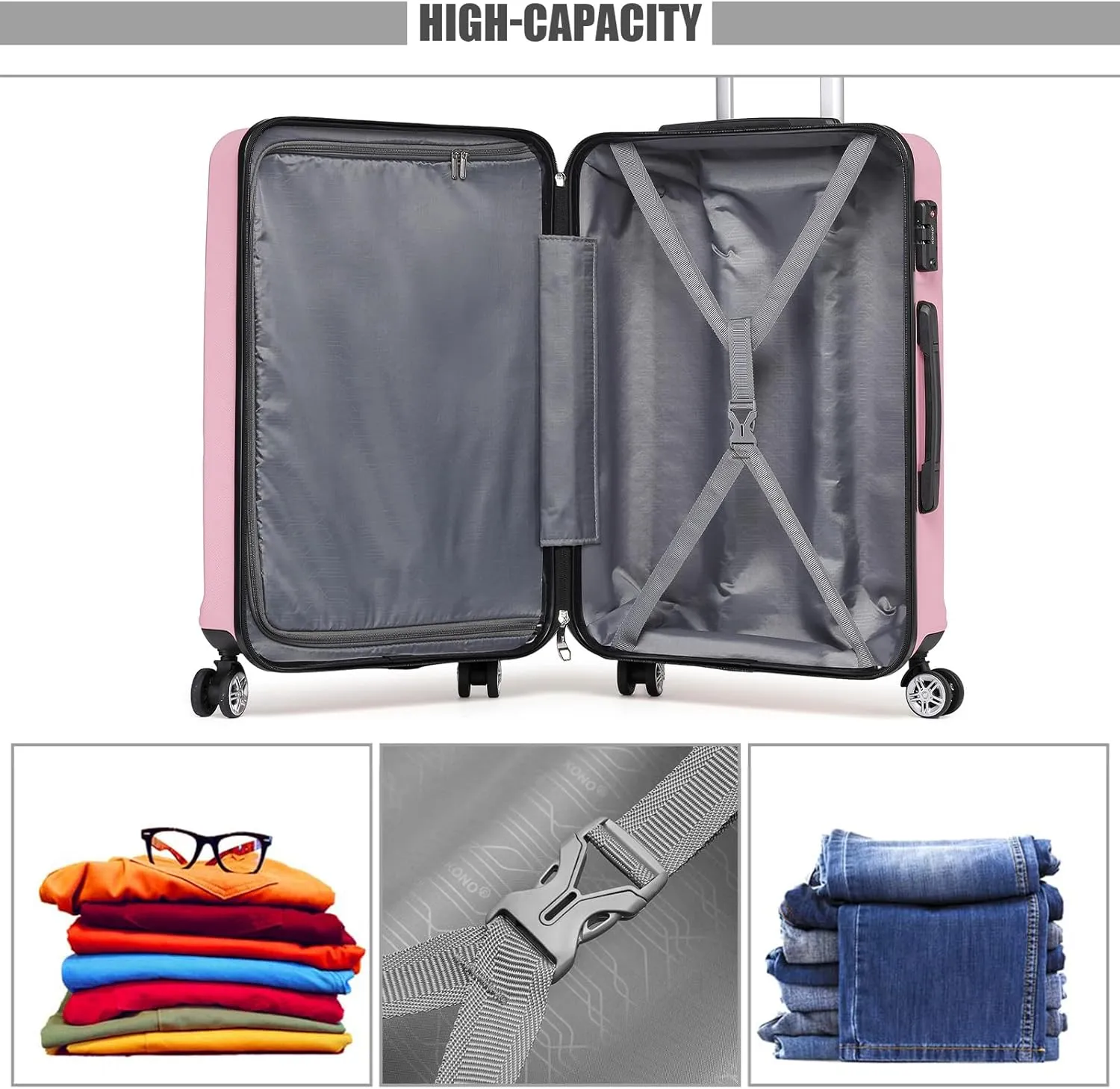 Kono 20'' Carry on Luggage Lightweight with Spinner Wheel TSA Lock Hardside Luggage Airline Approved Carry on Suitcase Pink