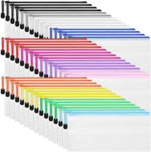 LABUK 42pcs Small Zipper Pouch, 9.5x4.3 Inches Mesh Zipper Pouches, 12 Colors Zipper Bags, Water Resistant Plastic Zip Bags for Bill Stationary, Office Supplies Storage and Classroom