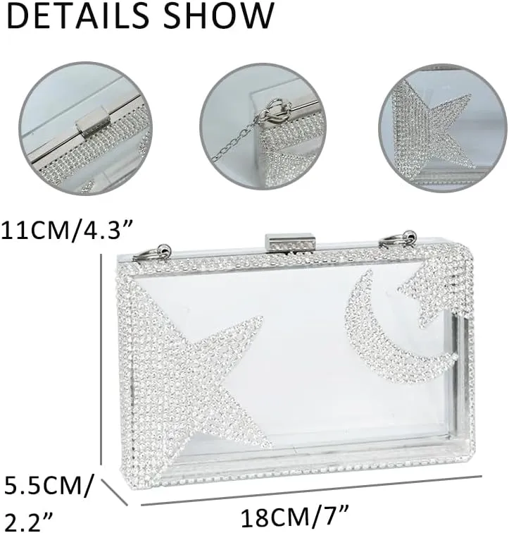 Ladies Clear Acrylic Moon and Star Rhinestone Chain Bag Sparkly Transparant Clutch Purse for Women Evening