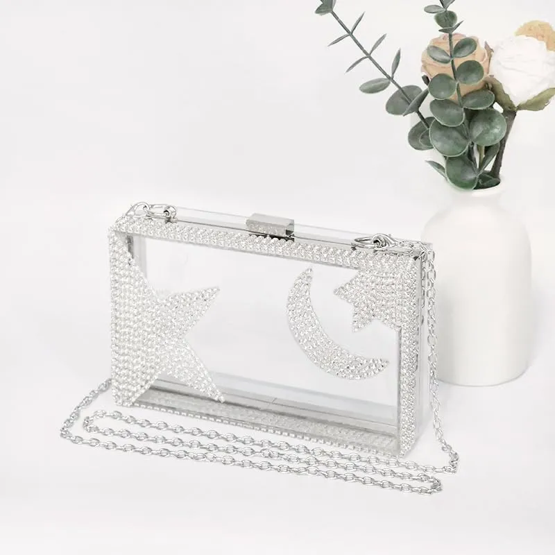 Ladies Clear Acrylic Moon and Star Rhinestone Chain Bag Sparkly Transparant Clutch Purse for Women Evening
