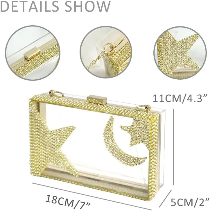 Ladies Clear Acrylic Moon and Star Rhinestone Chain Bag Sparkly Transparant Clutch Purse for Women Evening