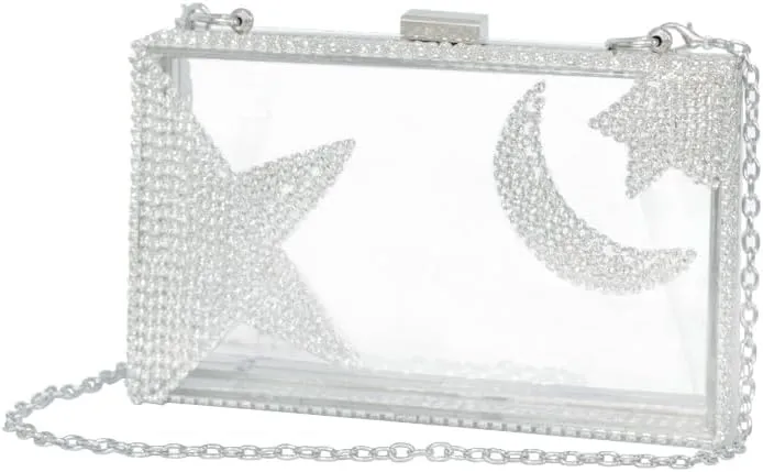 Ladies Clear Acrylic Moon and Star Rhinestone Chain Bag Sparkly Transparant Clutch Purse for Women Evening