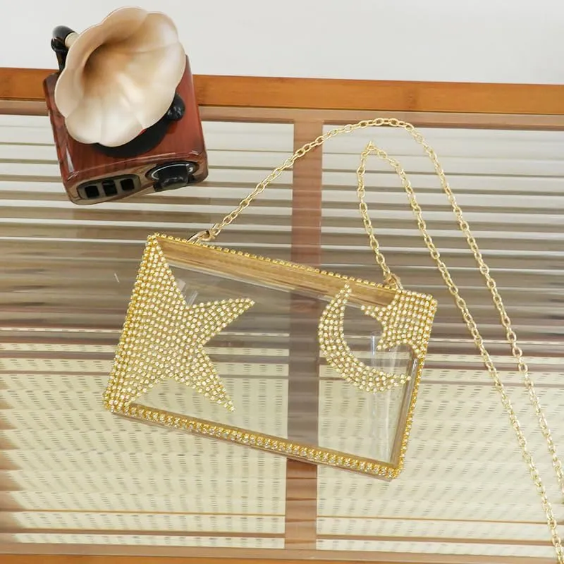 Ladies Clear Acrylic Moon and Star Rhinestone Chain Bag Sparkly Transparant Clutch Purse for Women Evening